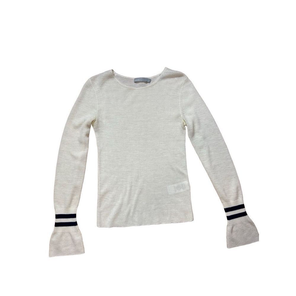 VINCE Ribbed 100% Wool Stripe Cuff Cream Sweater Sz S